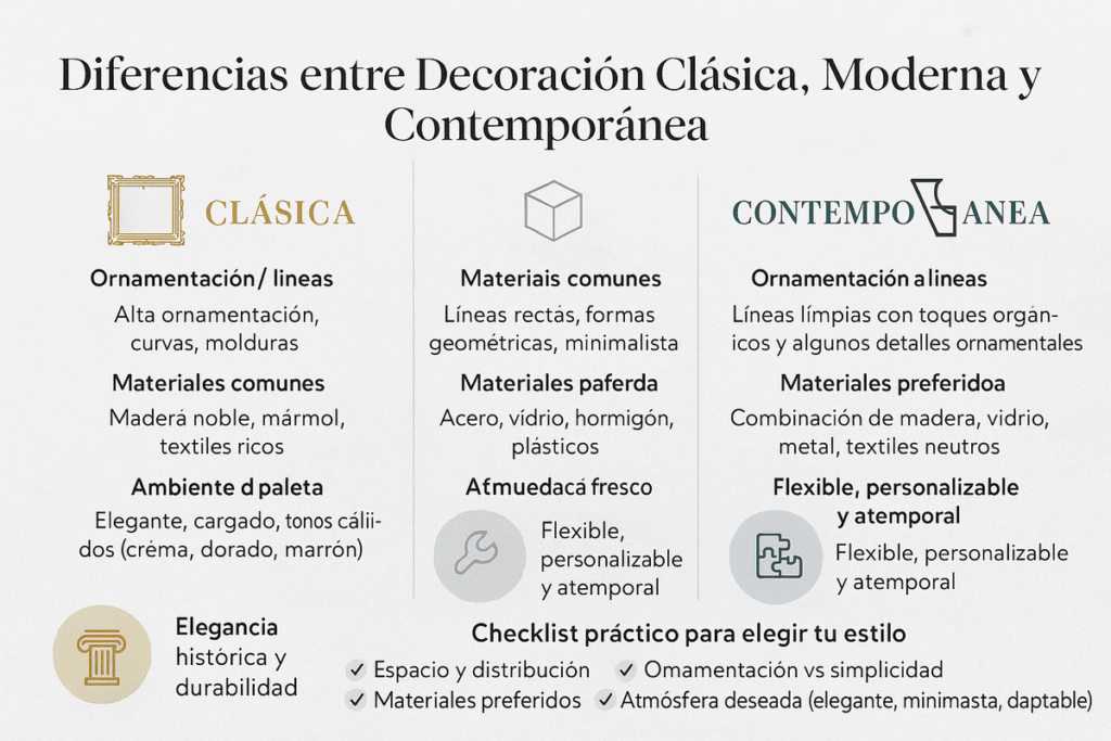 Diferencias entre decoración clásica, moderna y contemporánea infografia
